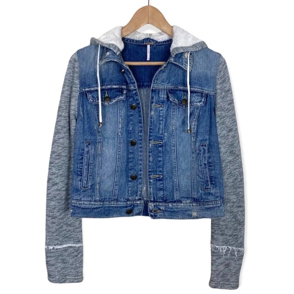 Free People Distressed Jean Jacket Womens Small Blue Gray Terry Hood Arms - Picture 2 of 11